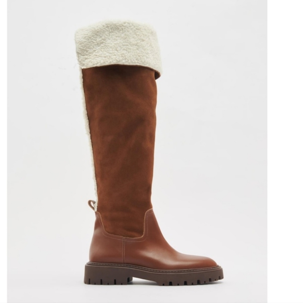 ZARA LEATHER BOOTS WITH FLEECE TRIM, Size 36